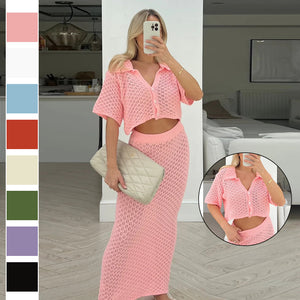 GOOSUDU 2025 Knitted crochet suit skirt multi-color cardigan button-up skirt versatile suit