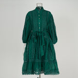 Real spot Bohemian vacation style hollow lace semi-turtleneck lantern sleeve Tencel cotton short dress