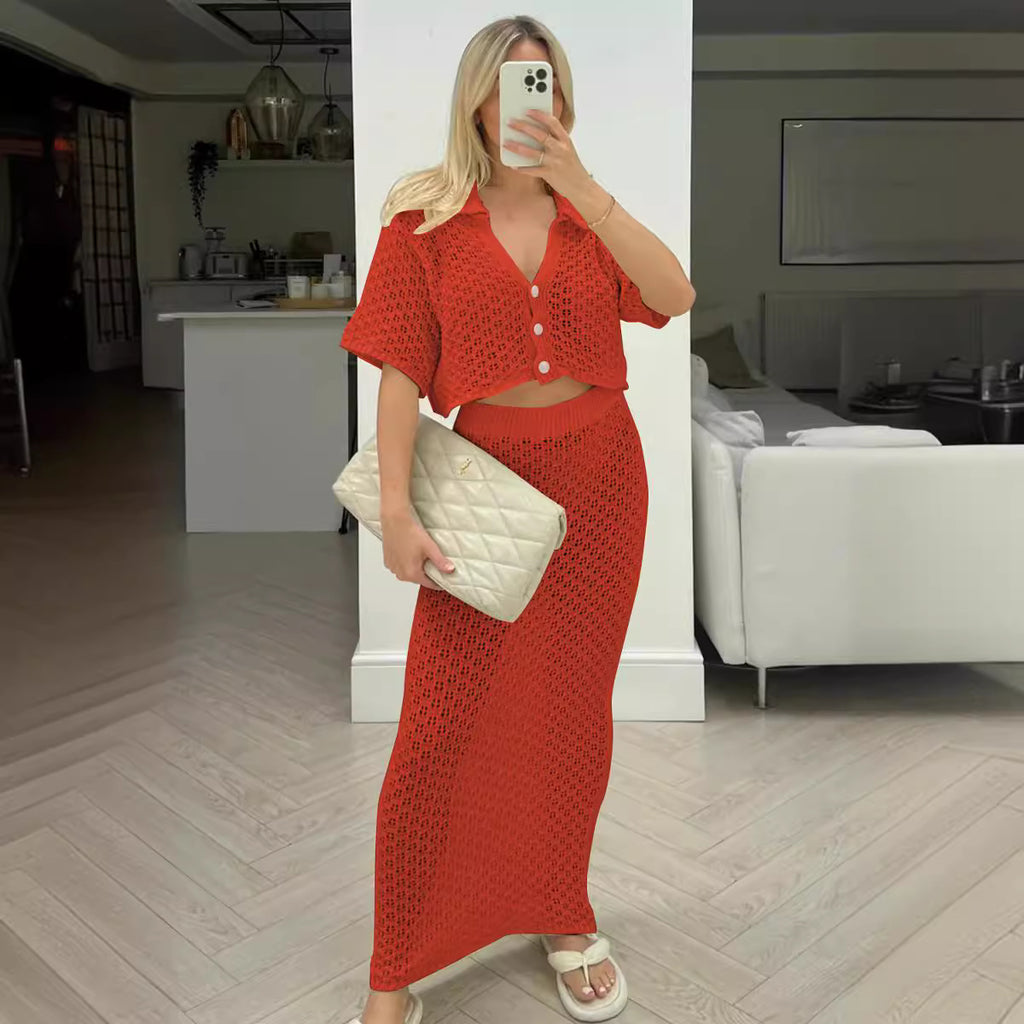 GOOSUDU 2025 Knitted crochet suit skirt multi-color cardigan button-up skirt versatile suit