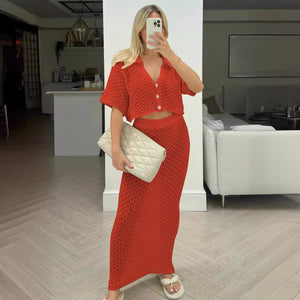 GOOSUDU 2025 Knitted crochet suit skirt multi-color cardigan button-up skirt versatile suit