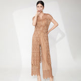 2025 Fashion suit women's high-end summer thin lace hollow blouse top straight pants middle-aged pleated two-piece set
