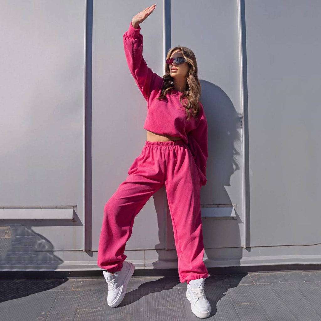 GOOSUDU New autumn and winter new corduroy solid color round neck pullover long sleeve two-piece suit fashionable casual trousers suit women