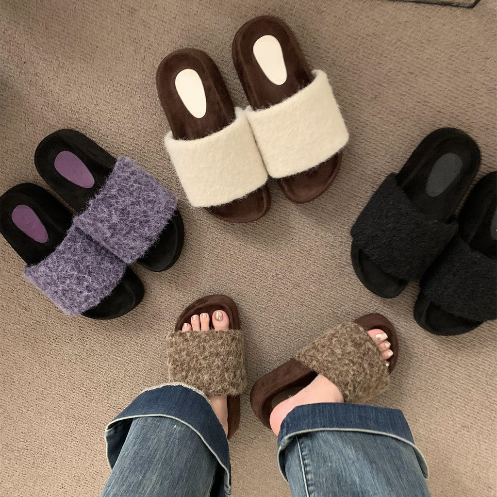 2025  Warm winter~ Mao Mao shoes women's heightened thick soles popular spring and autumn evening breeze soft soles one-word plush cotton slippers outer wear