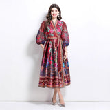 Popular trade women's clothing  spring new V-neck ethnic style printed satin wrap long dress