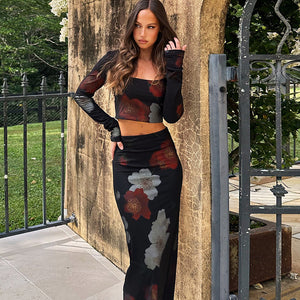 GOOSUDU 2025 New new fashion bouquet long-sleeved printed top slim temperament hip-wrapped long skirt set Popular trade wholesale