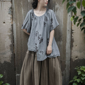 Shan Qian Nianyi, irregular hand-rubbed T-shirt literary and retro crepe cotton with split ends design feeling printed top