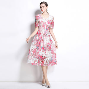 Temperament lace embroidery hollow set skirt women's  summer new round neck lace top skirt two-piece set