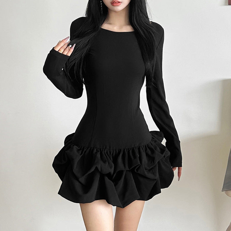 2025 style popular autumn new women's clothing elegant pleated hem design solid color slim-fitting long-sleeved dress