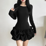 2025 style popular autumn new women's clothing elegant pleated hem design solid color slim-fitting long-sleeved dress
