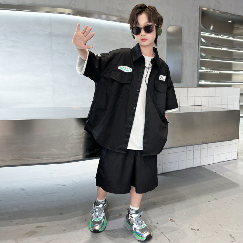 Boys' Summer Shirt Outfit  New Children's Summer Clothing Thin Short Sleeve Medium and Big Children Summer Boyish Look Fashion