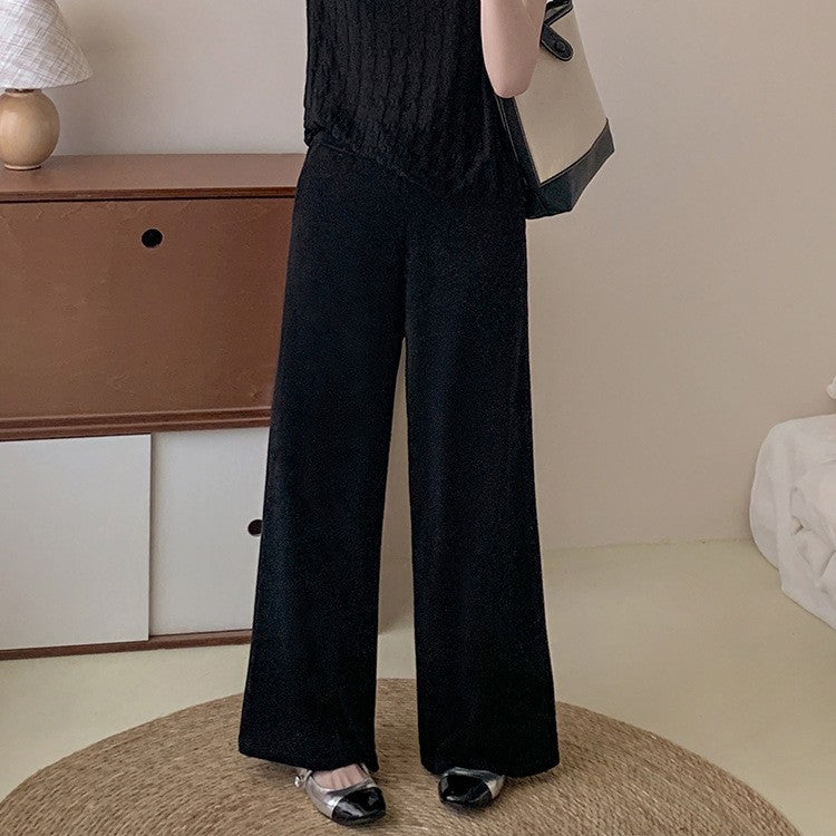 GOOSUDU Women's Narrow Wide-Leg Pants with Mulberry Silk  Spring and Summer Draping Silky High Waist Straight Pants Mopping Ice Silk Trousers