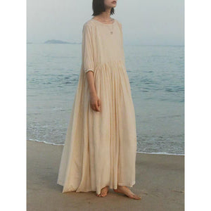 spring and summer new solid color simple fat MM loose large size thin dress medium and long women's five-quarter sleeve women's dress
