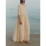 spring and summer new solid color simple fat MM loose large size thin dress medium and long women's five-quarter sleeve women's dress