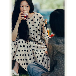 autumn new elegant  medium and long loose five-quarter sleeve polka dot dress literary tower skirt A-shaped skirt