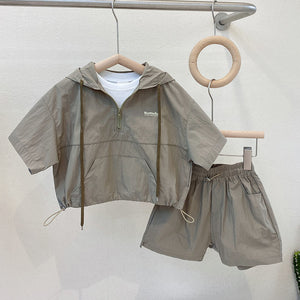 Free Shipping Boys Summer Suit New Short Sleeve Korean Style Children's Baby Comfortable Western Style Hooded Two-Piece Set