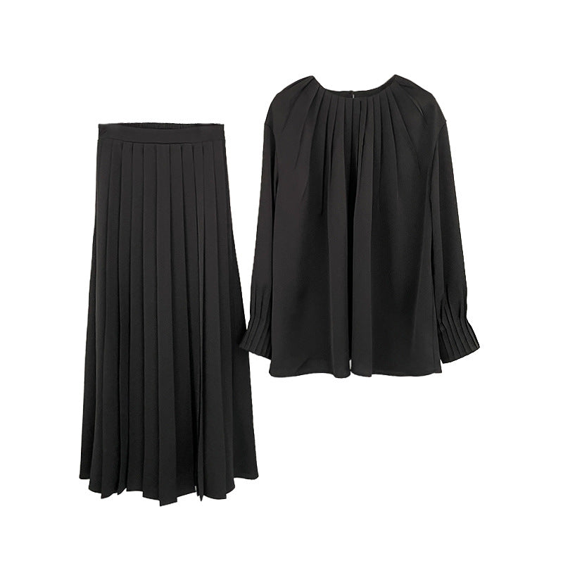 2025 ES MODISH spring new retro style solid color round neck pullover shirt + pleated skirt suit for girls