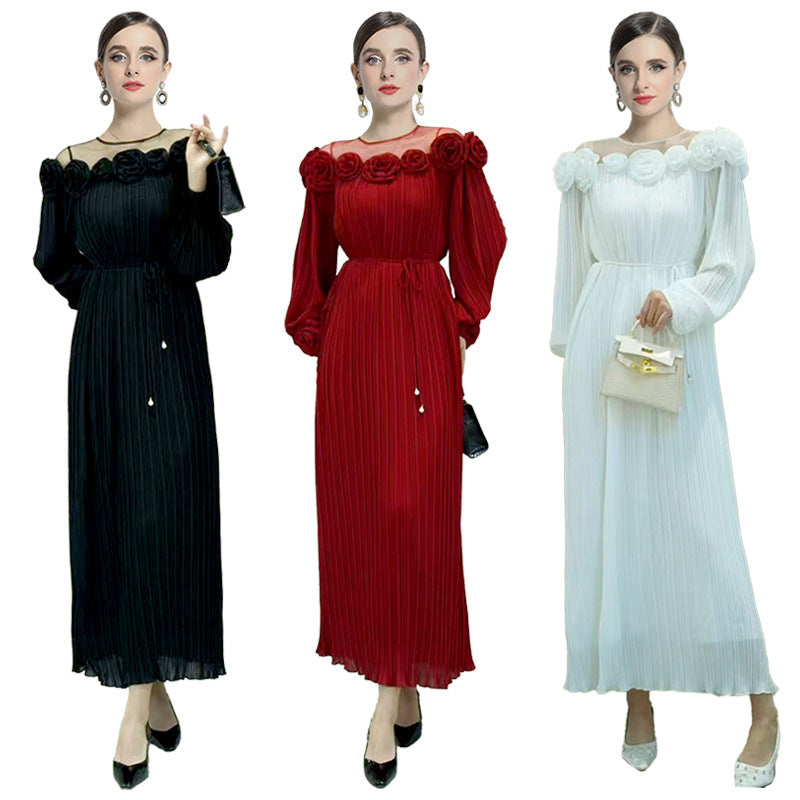 Popular trade women's clothing heavy industry rose three-dimensional flower splicing mesh pleated dress dress big swing dress