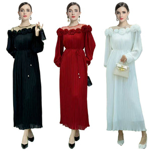 Popular trade women's clothing heavy industry rose three-dimensional flower splicing mesh pleated dress dress big swing dress