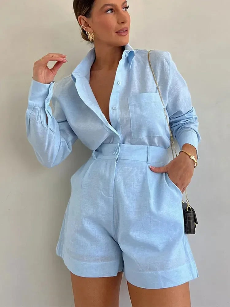 GOOSUDU New vacation new suit fashionable button pocket shorts women's suit elegant lapel long-sleeved shirt two-piece set