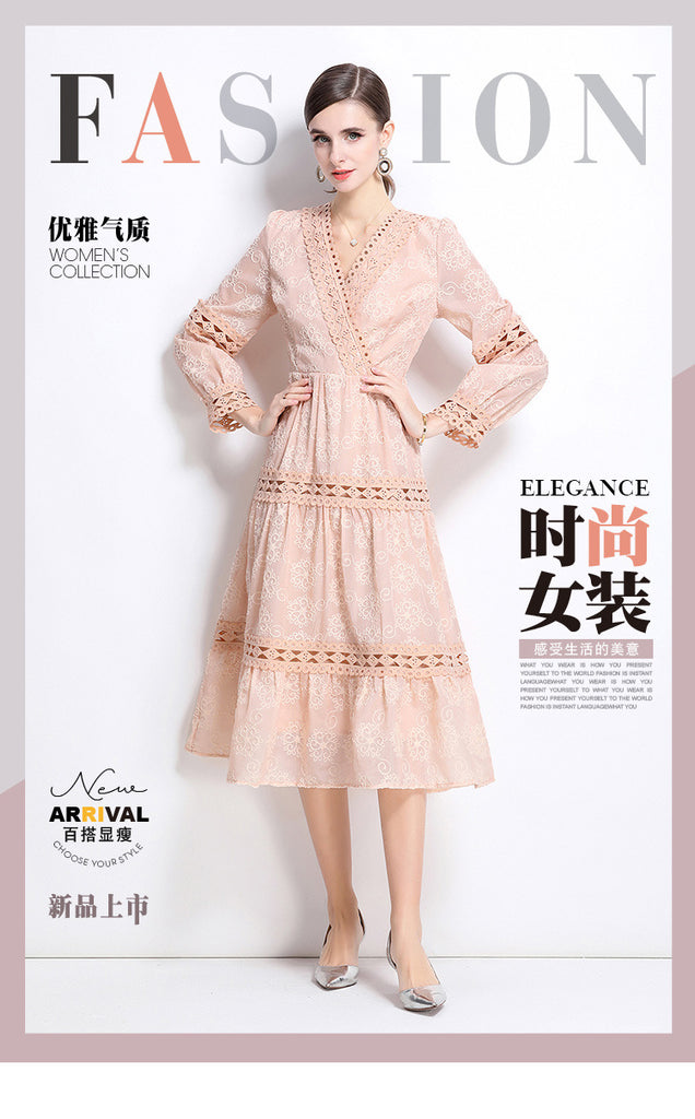 Seaside vacation style lace-up V-neck lace splicing long-sleeved dress women's waist and thin temperament fairy skirt
