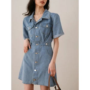 2025 Hong Kong style retro fake two-piece polo collar denim dress for women  summer irregular waist and thin a-word skirt