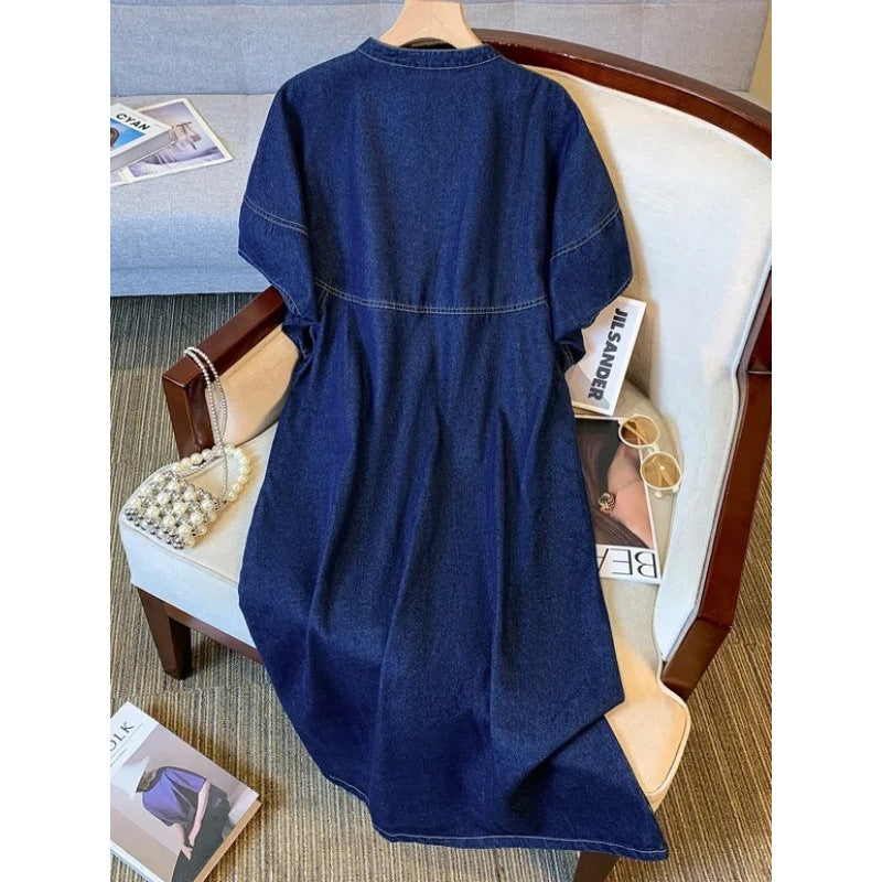 casual denim thin slim dress women's summer dress new fat mm fashion versatile meat cover medium and long dress