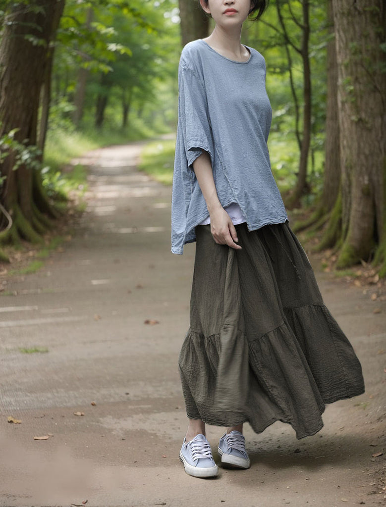 Shan Qian Nianyi, irregular and elegant medium and long skirt in summer, literary combed cotton single crepe refreshing lace-up skirt