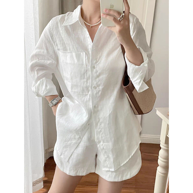 retro sunscreen linen white long shirt two-piece set  summer new solid color simple set