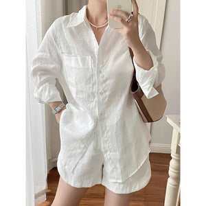 retro sunscreen linen white long shirt two-piece set  summer new solid color simple set