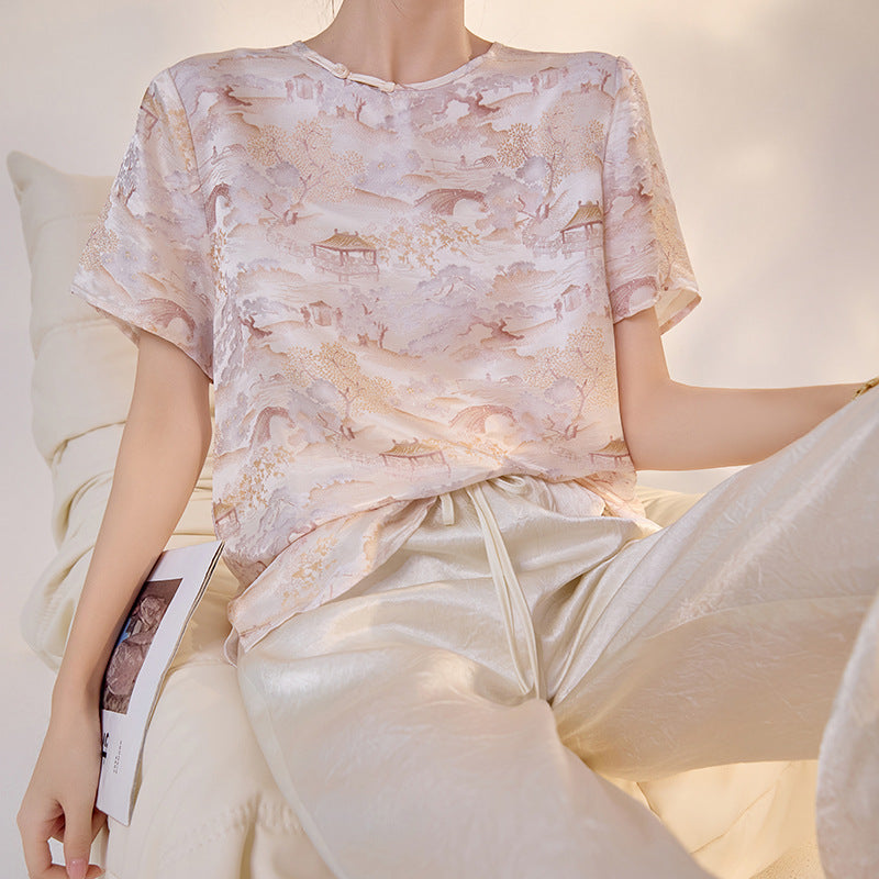 New Chinese style printing solid color short-sleeved light luxury interior with summer high-end temperament mulberry silk t-shirt M3118