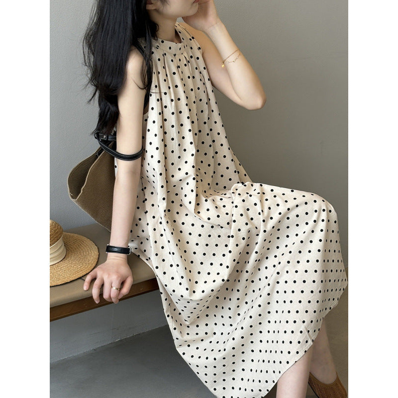 Polka dot dress women's summer lazy vacation coffee break  suspender skirt niche design a word neck long skirt