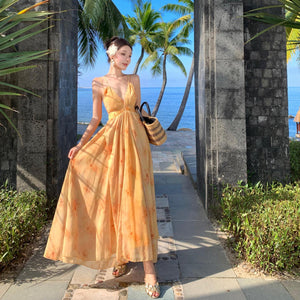 2025 Seaside vacation yellow floral suspender dress fairy summer senior sexy backless beautiful beach long skirt