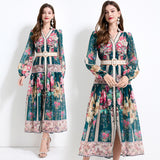 Hot Trade Women's Clothing Court Style Lantern Sleeves Printed Long Sleeves Temperament Lotus Leaf Edge Long Dress Chiffon Two Pieces