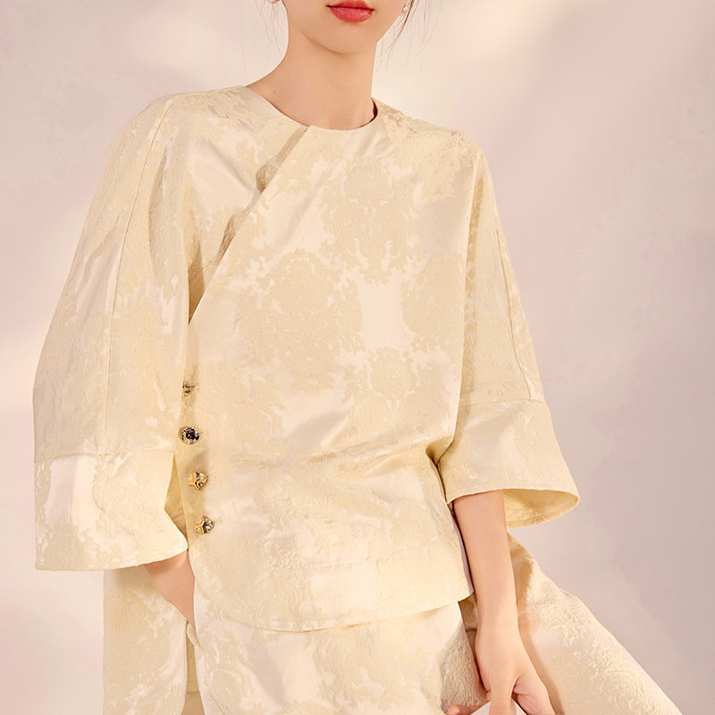 Spring and summer  new Chinese texture fashion loose design touching silk top skirt national style suit women N3016