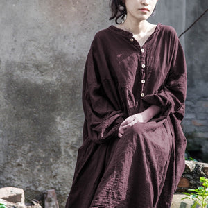 Shan Qian Nianyi, retro creative design atmospheric lantern sleeves super loose cotton and linen dress