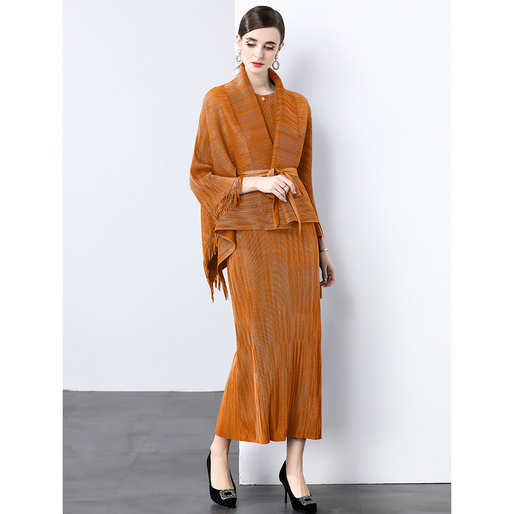 fashion high-end strap waist fringed horn sleeve lapel hot diamond pleated top + sleeveless dress