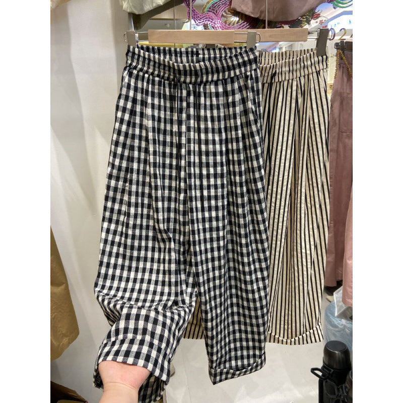 Popularan striped curled Harlan pants women's summer  new straight loose wide-leg pants small nine-point dad pants
