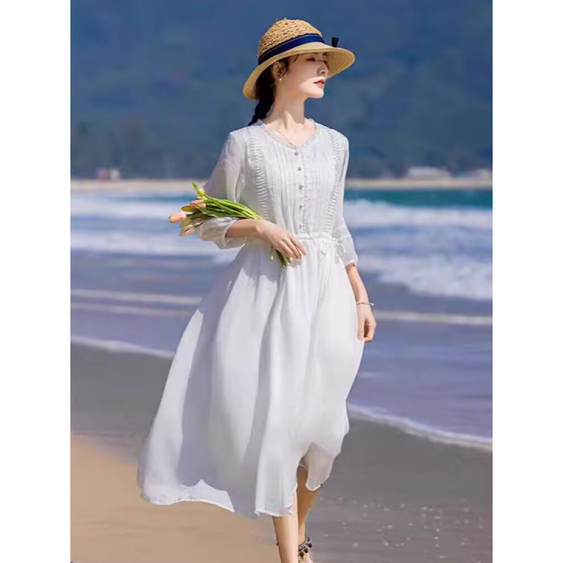 White loose swing dress literary retro long dress holiday style dress elegant beach dress  summer new