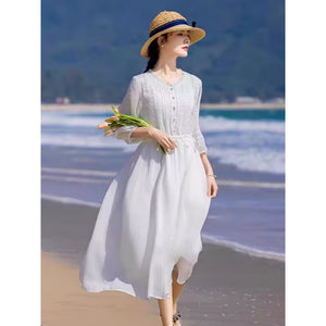 White loose swing dress literary retro long dress holiday style dress elegant beach dress  summer new