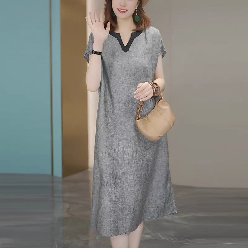 High-end large-size cotton and linen dress for women's summer  new mother temperament fashionable and thin casual long skirt