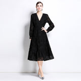 court retro dress women's high-end V-neck hollow lace splicing lantern sleeve waist age-reducing dress