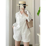 retro sunscreen linen white long shirt two-piece set  summer new solid color simple set