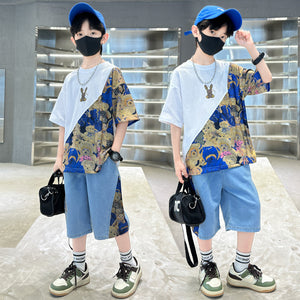 Boys' Summer Floral Color Matching Suit  Medium and Big Children Korean Style Fashion Two-Piece Suit Children's Summer Clothing Fashion Brand Suit