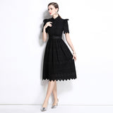 retro niche stand-up collar ruffle edge splicing waist hollow embroidery short-sleeved dress women's summer