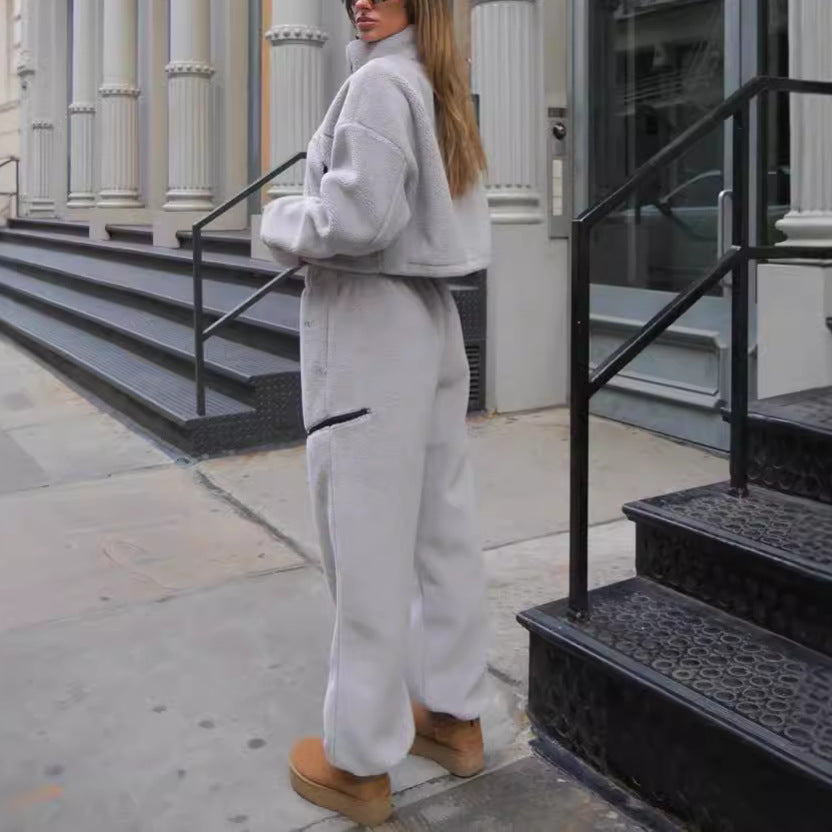 GOOSUDU New autumn and winter women's casual sweater set, 2025 plush zipper top and trousers two-piece set