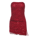 2025 style popular autumn new women's clothing fashionable retro red sequined sleeveless off-the-shoulder hip dress
