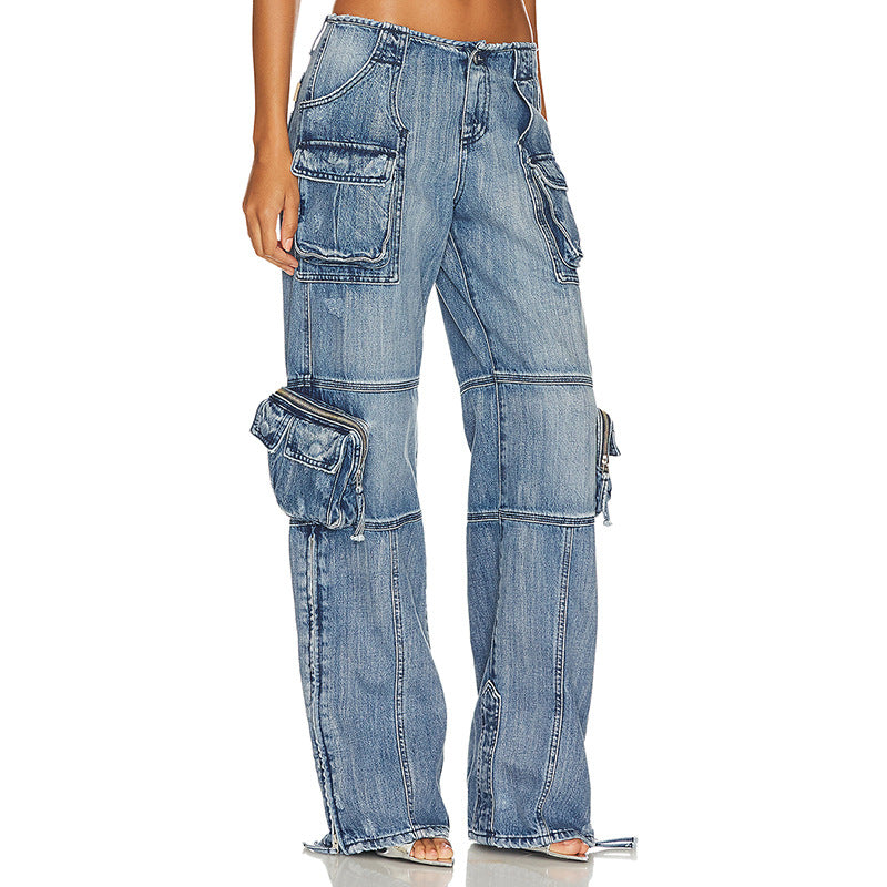 GOOSUDU HOTan and NEWn Fashion Street Style  Summer New Mid-Waist Long Straight Multi-Pocket Design Casual Jeans for Women