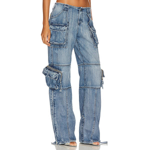 GOOSUDU HOTan and NEWn Fashion Street Style  Summer New Mid-Waist Long Straight Multi-Pocket Design Casual Jeans for Women