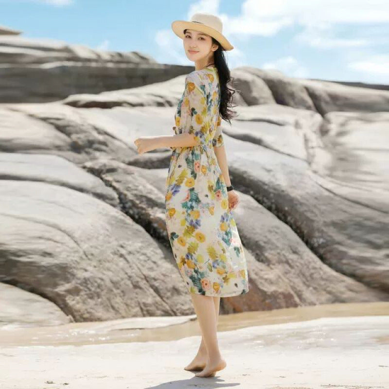 Floral dress summer  new temperament V-neck small fresh printed skirt seaside vacation skirt women
