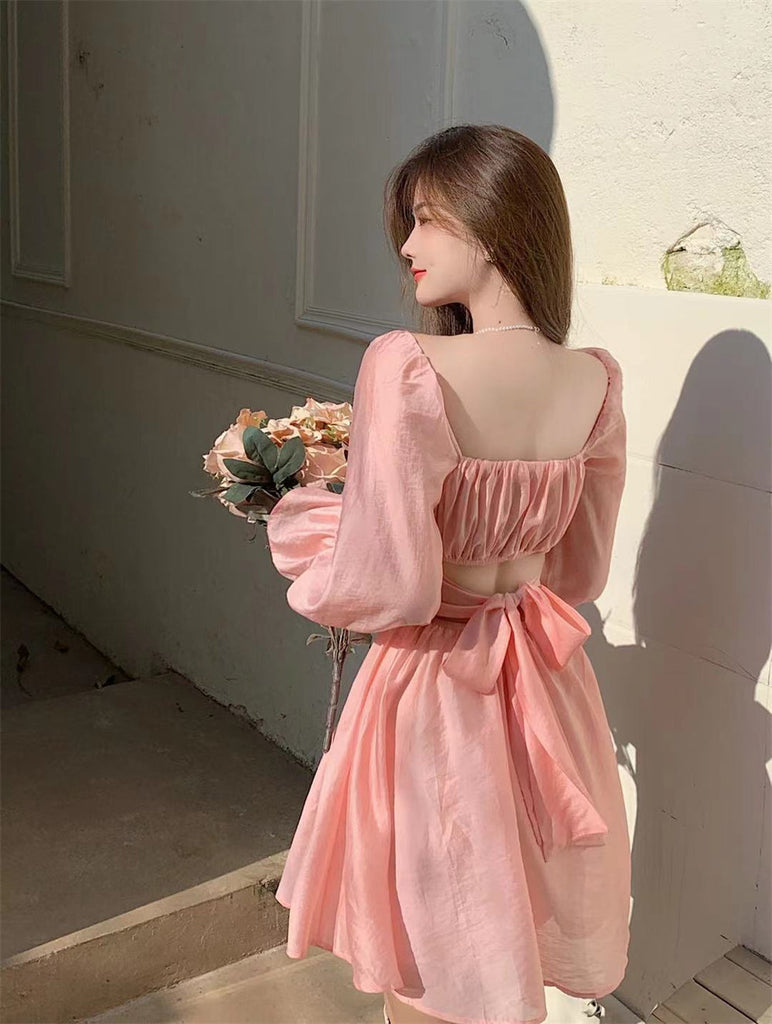 woloong  Pink Sweet Elegant Princess Dress Women Casual Korean Slim Long Sleeve Fairy Dress Female Backless Design Vintage Dress New